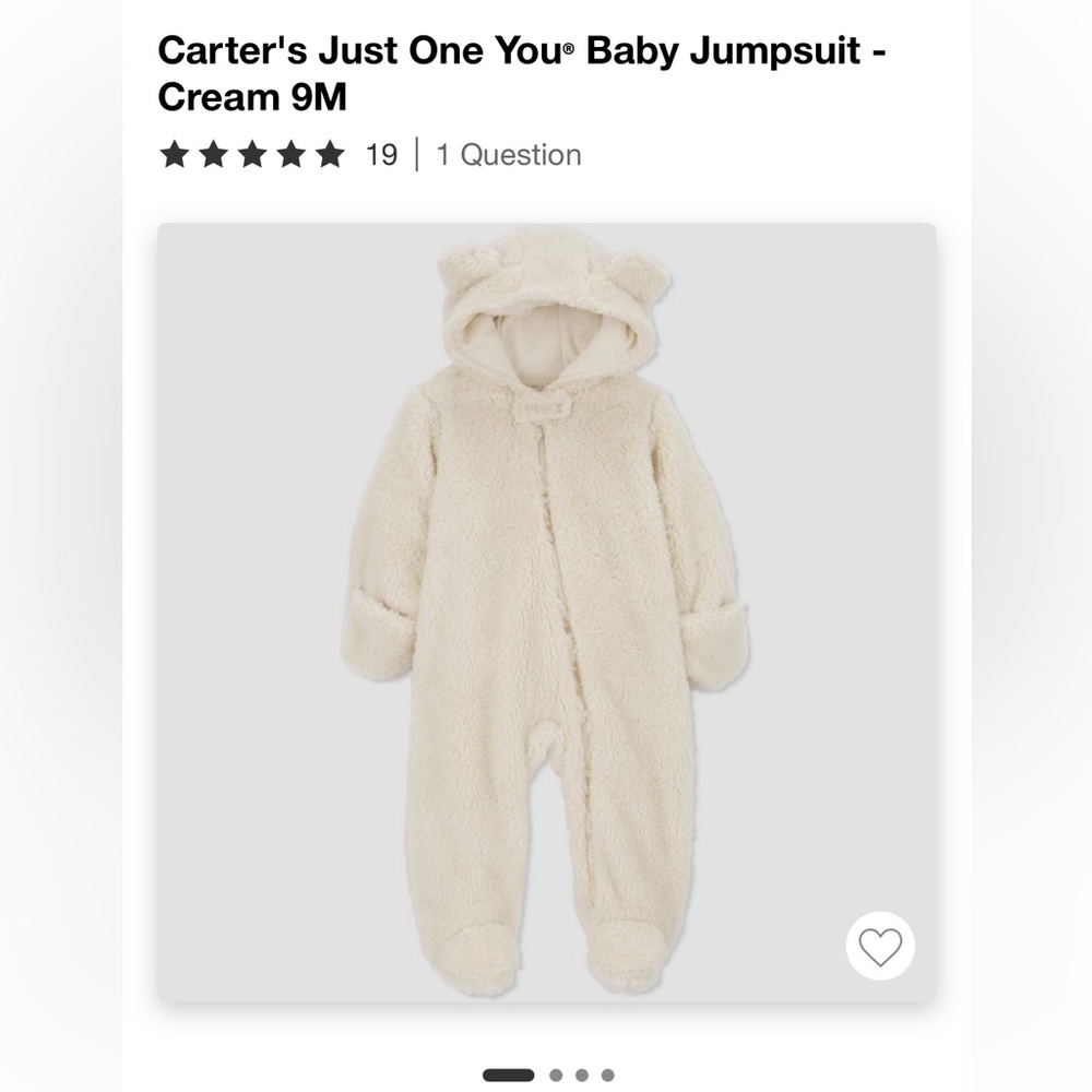Carter's Cream Cozy Footies with Hood- baby jumpsuit new with tags